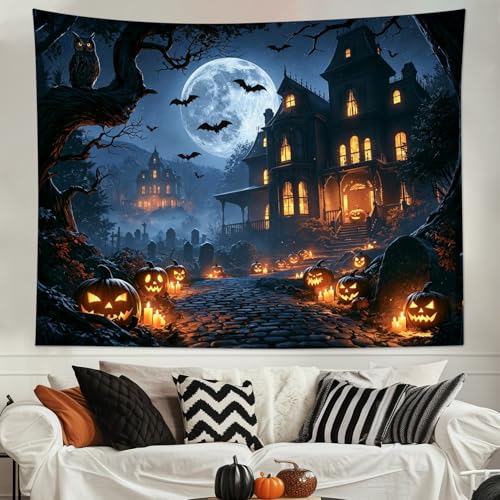 Spooky Halloween Tapestry Black Castle Bat with Pumpkin and Moon Wall Tapestry Spooky Forest Wall Art Decor for Bedroom