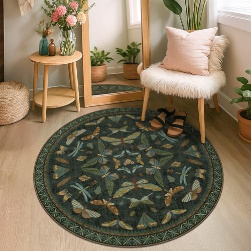 Vintage Dark Green 4ft Round Small Rug for Entryway Indoor (16 Sq Ft)