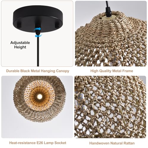 Rattan Pendant Light Fixture 13.79”Boho Wicker Lights