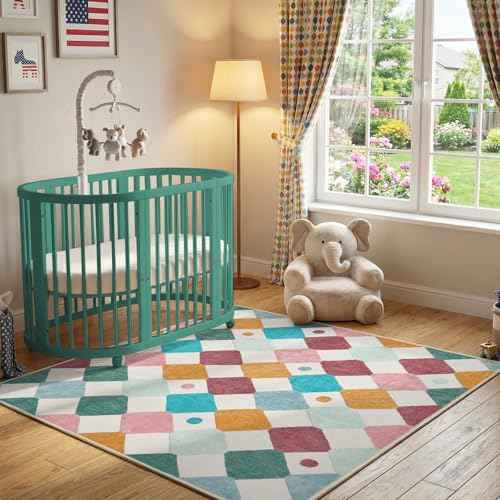 5x5 Nursery Rug Kids Room Square Rug Washable Colorful Playroom Rug (25 Sq Ft)