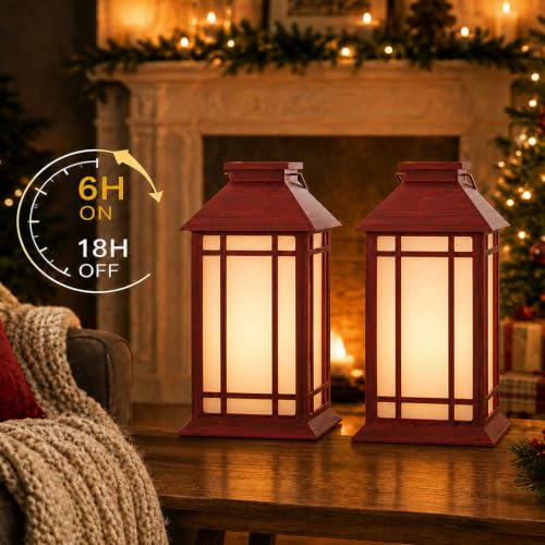 13 Inch Christmas Outdoor Decorative Lanterns with Candle Timer 2 Pack
