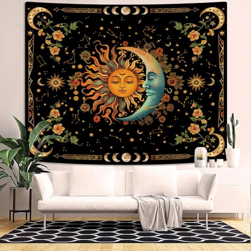 Sun and Moon Tapestry Astrology Space Wall Hanging Boho Hippie Floral Plant Tapestries Aesthetic Vintage Mandala Flower Decor for Living Room Bedroom