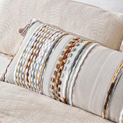 Chenille Striped Textured Boho Throw Pillow Covers Aesthetic with Tassels Woven Decorative Pillow Case for Couch Bed Sofa Bedroom Modern Funky 14 x 36