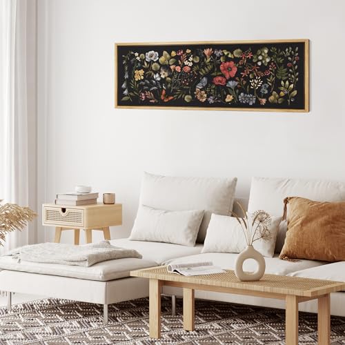 Large Framed Canvas Print Wall Art Midnight Garden Vintage Floral Illustrations Antique Retro Fine Art Illustrations Decorative Colorful for Bedroom