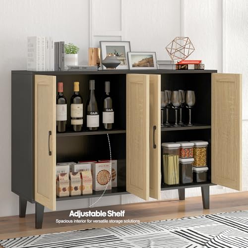 Buffet Storage Cabinet with Rattan Decorating 4 Doors Living Room Kitchen Sideboard 48.43 x 34.65 x 15 inch