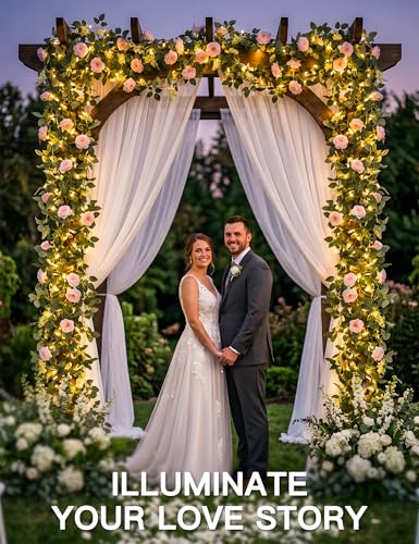 60LED Garland with Pink Camellia Lights Battery Operated Clear Wire
