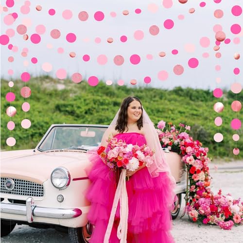 Hot Pink Rose Gold Party Decorations Circle Dots Garland Hanging Polka Dot Streamer for Girls Birthday Bachelorette Wedding Bridal Shower Anniversary Hen Party Supplies