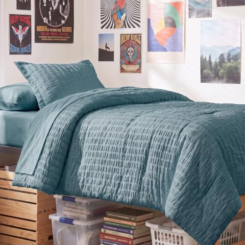 Twin XL Comforter Set 5 Pieces Mineral Blue Seersucker Bed in a Bag