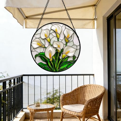White Calla Lily Bouquet Stained Glass Window Hanging Suncatcher Gifts 12"