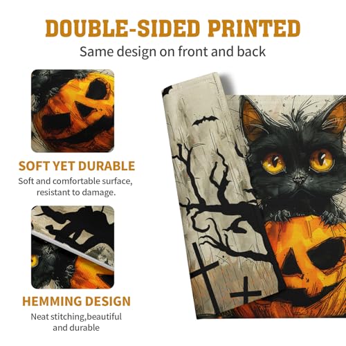 Halloween Black Cat Pumpkin 12x18 Placemats Set of 4 Happy Halloween Bat Branch Linen Table Place Mat Seasonal Fall Washable Heat Resistant Non Slip Table Placemats for Party Kitchen Dining Decor (4 Count)