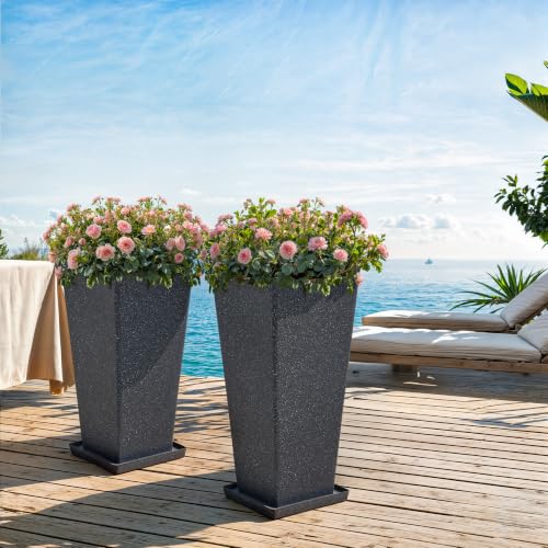 Autodaya 28" Plant Pots Tall Planters for Plants Outdoor Set of 2 with Tray (2 Count)
