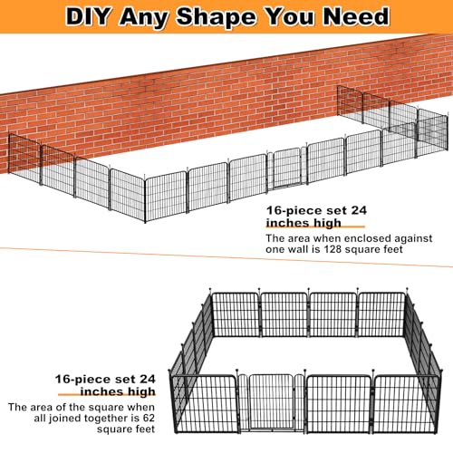24 in(H) Decorative Garden Fence with Gate,16 Panels Total 31.4 Ft(L) Heavy Duty Iron Animal Barrier Fence for Yard,Suitable for Indoor Pet Or Outdoor Dog Fencing, Garden Border Fence (64 Sq Ft)