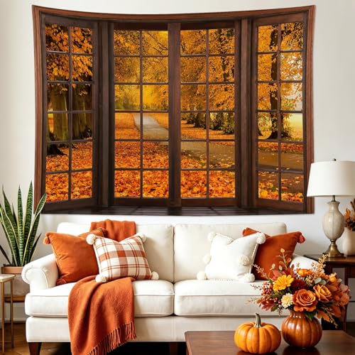 Fall Forest Window Wall Tapestry for Living Room Autumn Maple Tree with Orange Leaves Tapestry Wall Hanging Rustic Vintage Art Decor for Bedroom