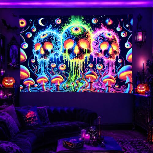 Blacklight Tapestry Skull Cosmic Room Wall Art 78 x 59 Inch