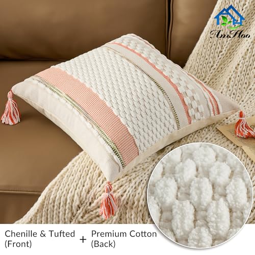 Chenille Striped Textured Boho Throw Pillow Covers Aesthetic with Tassels Woven Decorative Pillow Case for Couch Bed Sofa Bedroom Modern Funky 18 x 18