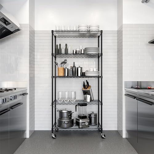 5-Tier NSF-Certified Steel Wire Shelving, 36"W x 14"D x 75.5"H, Black