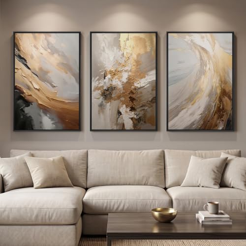 Large Framed Neutral Abstract Wall Art for Living Room (3 Count)