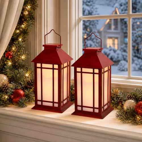 13 Inch Christmas Outdoor Decorative Lanterns with Candle Timer 2 Pack