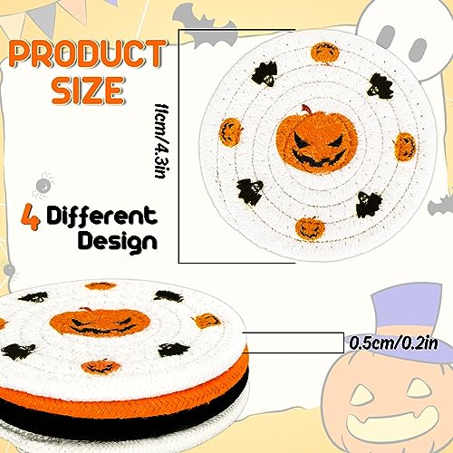 4 Pack Halloween Handmade Braided Drink Coasters Black Orange Pumpkins Witch Hats Absorbent Cotton Cup Coasters Heat Resistant Cup Mats for Halloween Home Kitchen Office Table Decor (4 Count)