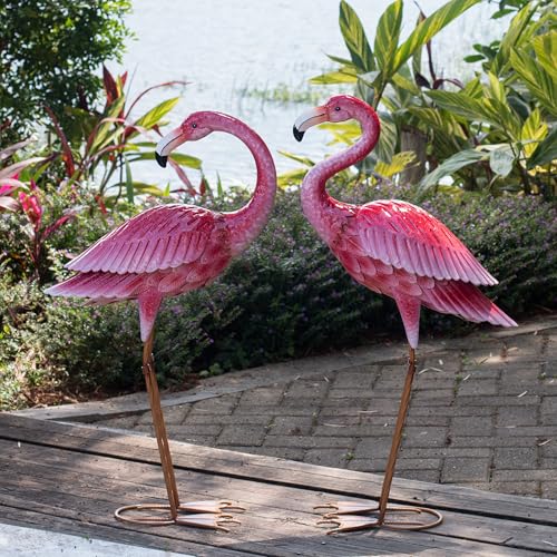 2 Pack Metal Pink Flamingo Statue for Outdoor Garden Yard Decor (2 Count)