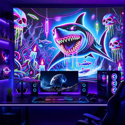Blacklight Tapestry Shark Underwater Neon Decor 78 x 59 Inch