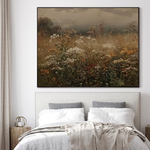 46"x60" Extra Large Framed Wall Art Autumn Meadow Landscape Rustic Brown and Golden Field Illustration for Home Living Room Bedroom Decor
