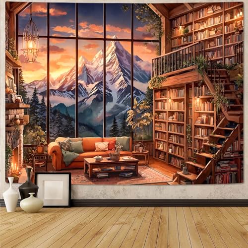 Forest Mountain Library Tapestry Fantasy Bookshelf Tapestries Wall Hanging Vintage Watercolor Nature Fairy Library Backdrop Large Tapestry for Bedroom Living Room Dorm Classroom 80 x 60 inch
