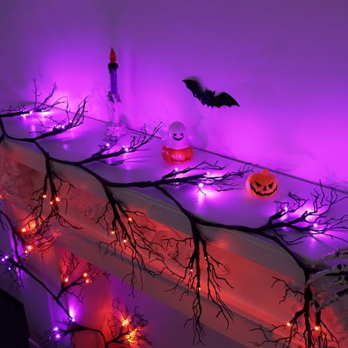 9 FT 66 LED Willow Vine Twig Decor Black Halloween Garland with Orange Purple Lights