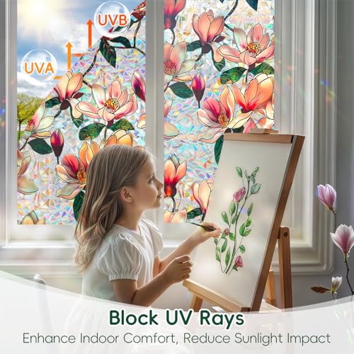 Window Privacy Film Decorative Stained Glass Window Film Rainbow Magnolia Floral Static Cling Non (666.1652 sq inch)