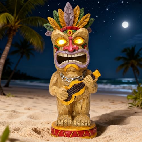 Solar Tiki Garden Statue with LED Eyes Outdoor Resin Ukulele Player Yard Decor Solar Light Hawaiian Style Lawn Ornament for Patio Porch Tiki Bar Decor Best Gift for Tiki Lovers