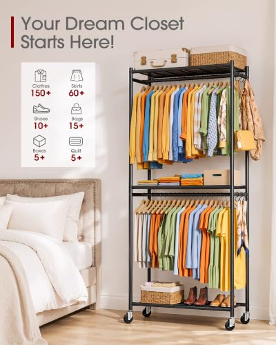 Clothes Rack 33.0" x 12.2" x 79.5" Clothing Rack with Shelves & Wheels