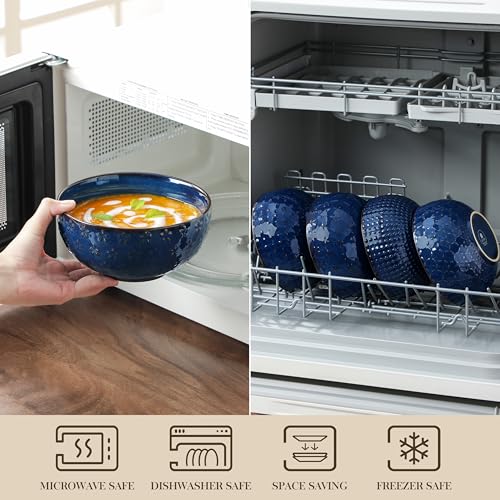 Cereal Bowls 30 Ounce Ceramic Blue Soup Bowl for Kitchen (4 Count)