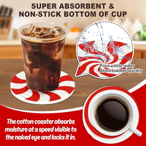 Christmas Candy Cotton Coasters Red White Peppermint Handmade Braided Drink Coasters Absorbent Cup Mats for Xmas Holiday Party Home Table Decor (4 Count)