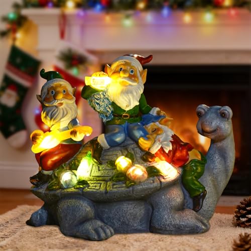 Solar Garden Outdoor Statues Gnome Turtle Three Gnomes Having Party on Turtle with 7 LED Lawn Decor Outside Decorations for Patio
