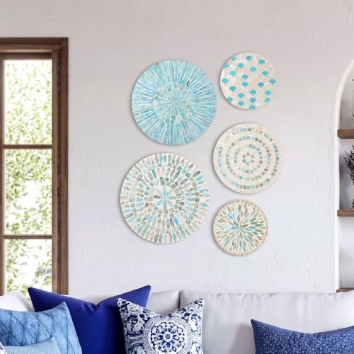 7 Pcs Blue Mother of Pearl Shell Plate Coastal Wall Art Mosaic Wall Sculpture Shell Handmade Hanging Plates Arts for Christmas Bedroom Bathroom Home Office Hotel (7 Count)