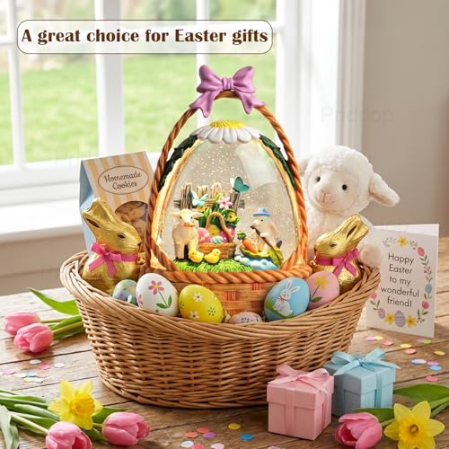 Easter Bunny Snow Globe Basket Egg Easter Decorations for Home Rabbit Sheep Chick Flower Butterfly Tabletop Glitter Snowfall USB