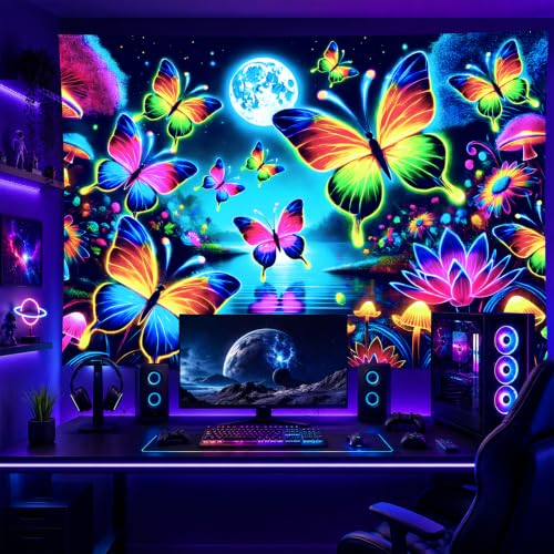 Blacklight Tapestry Butterfly Floral UV Backdrop 78 x 59 Inch