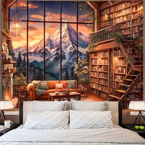 Forest Mountain Library Tapestry Fantasy Bookshelf Tapestries Wall Hanging Vintage Watercolor Nature Fairy Library Backdrop Extra Large Tapestry for Bedroom Living Room Classroom 90 x 68 inch