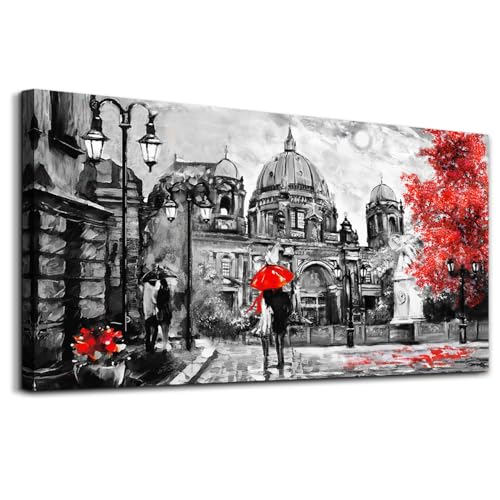 Black And White Buildings And Lovers Holding Umbrellas Under Street Lamps Canvas Art Print Artwork Wall Art For Living Room Large Size Wall Decor