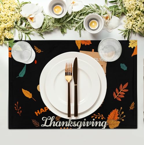 Happy Thanksgiving Placemats Set of 4 Gobble Turkey Leaves Thanksgiving Linen Table Mat 12x18 Inch Seasonal Fall Washable Heat Resistant Non (4 Count)