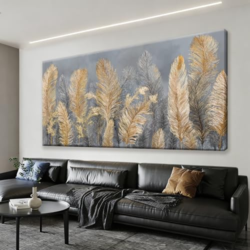 Oversized Wall Art Decor Gold Boho Canvas Art Wall Decor For Living Room Grey Boho Aesthetic Feather Wall Art Decor Artwork Modern Decor Artwork For Home Bedroom Office Wall Decor 29×58 Inch