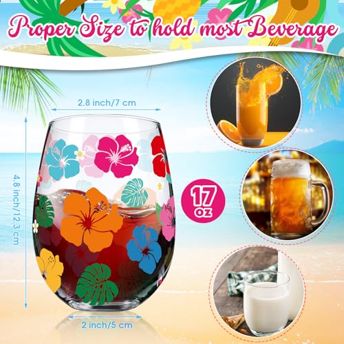 2 Pack 17oz Summer Hawaiian Stemless Wine Glasses Aloha Stemless Wine Glass Luau Colorful Flowers Leaves Tumbler Cups for Hawaiian Tiki Party Supplies Birthday Gift (2 Count)