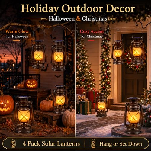 Solar Lanterns Outdoor Waterproof 4 Pack LED Flickering Light (4 Count)
