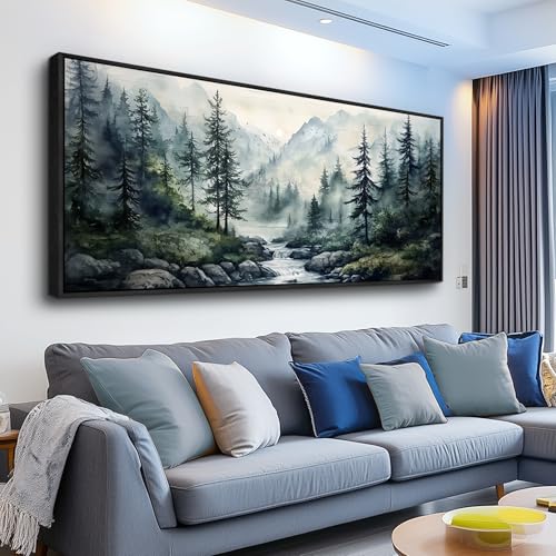 Black Framed Canvas Wall Art For Living Room Wall Decor For Bedroom Office Wall Decorations Misty Forest Paintings Tree landscape Pictures Artwork Room Aesthetic Home Decor 20x40 In