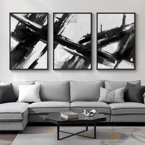Large Framed Black and White Abstract Canvas Wall Art for Living Room (3 Count)