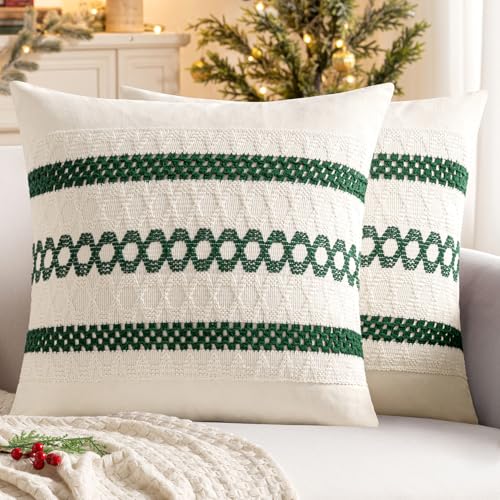 Set of 2 Dark Green Boho Christmas Decorative Pillow Covers 18x18 Inch (2 Count)