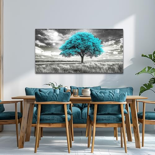 Modern Canvas Print Wall Art Blue Tree Painting Full Of Stars Black And White Art pictures Natural Landscape Wall Decoration Suitable For Living Room Bedroom Office Framed Stretch 20x40 In