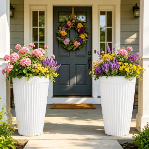 Autodaya 20" Tall Fluted Resin Planters Set of 2 with Drainage Holes (2 Count)