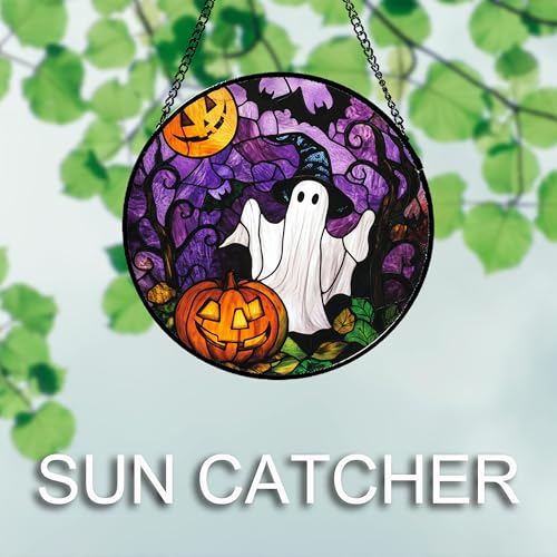 Stained Glass Window Hanging Halloween White Ghost Black Bat 15"