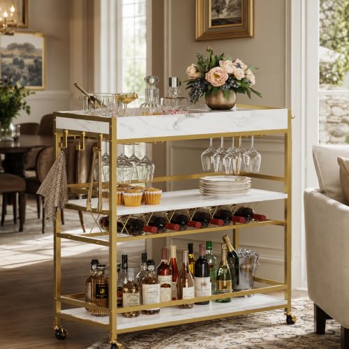 Gold Bar Cart on Wheels for Home with Wine Rack & Glass Holders